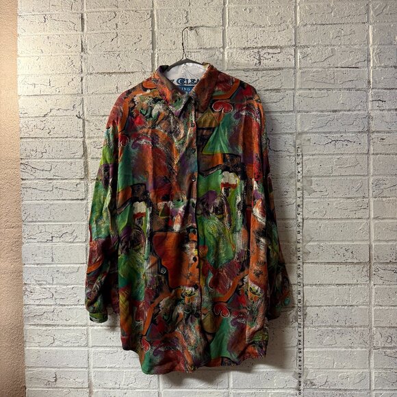 Jeri Marque Vintage Abstract Button-Up Blouse – Size 22 – Bold Multicolor Art - Picture 2 of 10